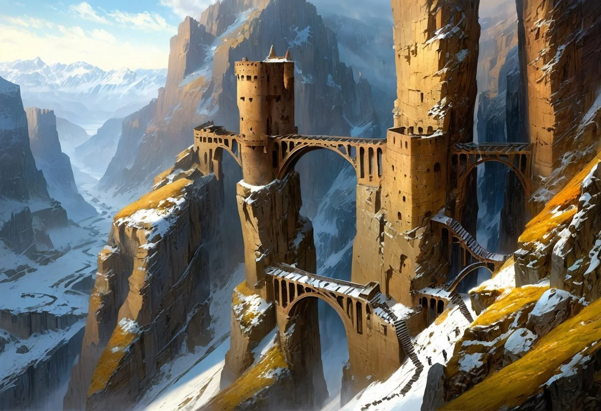 There is a steep metal structure still built into the wall of the chasm around which several abandoned skyships are still docked. The gorge is bottomless and the scene gives an air of vertigo and that the structures are desperately clinging on. Just cold desolation under a stormy sky. The snow here contrasts sharply with the black rock of the cliffs that line this valley, (Highest quality:1.0),(High resolution:1.0), (masterpiece:1.0), (overview:0.6), beautiful and aesthetic:1.3), extreme detailed, colorful, highest detailed,((ultra-detailed)),(highly detailed CG illustration),((Gloomy and Dark Atmosphere)),,