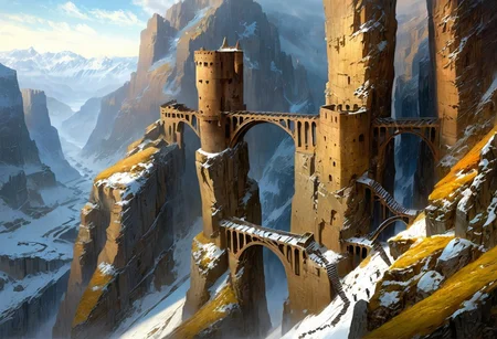 There is a steep metal structure still built into the wall of the chasm around which several abandoned skyships are still docked. The gorge is bottomless and the scene gives an air of vertigo and that the structures are desperately clinging on. Just cold desolation under a stormy sky. The snow here contrasts sharply with the black rock of the cliffs that line this valley, (Highest quality:1.0),(High resolution:1.0), (masterpiece:1.0), (overview:0.6), beautiful and aesthetic:1.3), extreme detailed, colorful, highest detailed,((ultra-detailed)),(highly detailed CG illustration),((Gloomy and Dark Atmosphere)),,