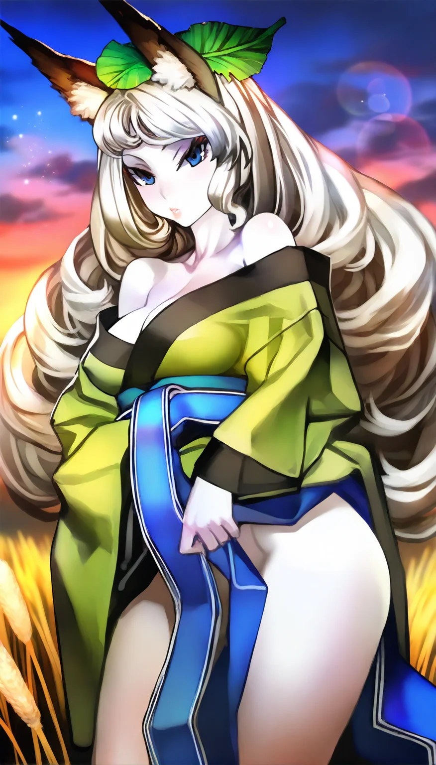 masterpiece,best quality,amazing quality,
<lora:yuzuruhaIL:1>,yuzuruha,
1girl,solo,pale skin,
white hair,long hair,wavy hair,bangs,fox ears,a green leaf on head,
blue eyes,parted lips,looking at viewer,
green kimono,blue obi belt,
cowboy shot,
blurry background,outdoors,light particles,fog,soft lighting,maple leaf,reeds,sunset,cloud,sky,lens flare,