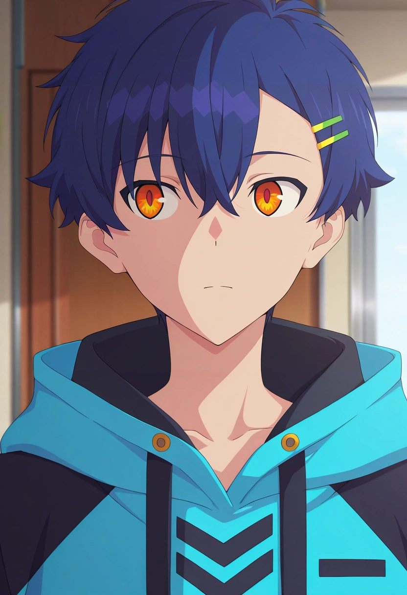 masterpiece, best quality, intricate details, anime screencap, anime coloring, official style, , 1boy, solo, male focus, <lora:yomogi_asanaka_ilxl:0.96>, yomogi_asanaka, blue hair, orange eyes, short hair, bangs, hair between eyes, hairclip, , ,