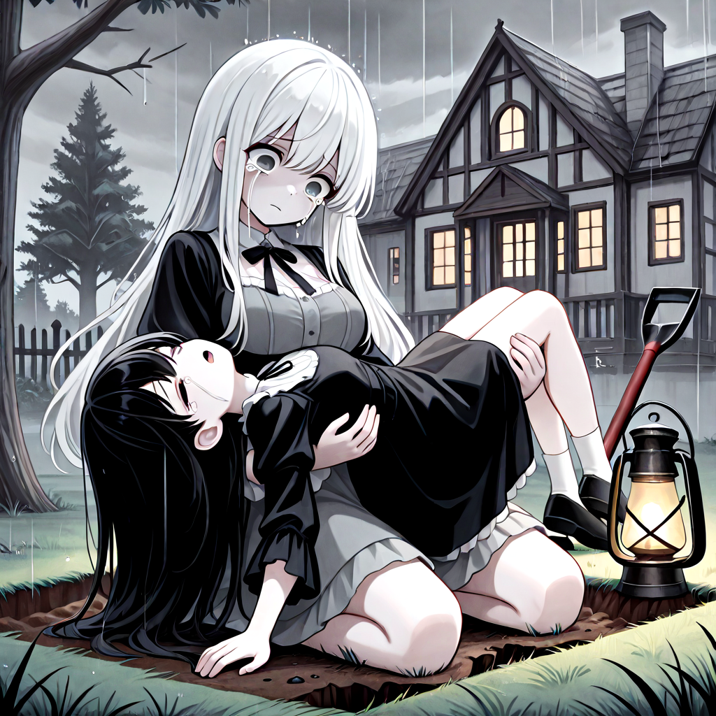 absurdres, explicit, grave digging, hand on ground, princess carry, 2girls, sleeping, carrying, crying, tears, sad, breasts, closed eyes, closed mouth, pale skin, long hair, black hair, white hair, gothic dress, bangs, tree, grass, death, corpse, victorian, house, building, oil lamp, lantern, shovel, fog, smog, grey sky, seiza, head tilt, rain, water drop, shouting, from below, low angle, wide eyes, ((leaning back)), <lora:girlhategravedigging_ilxl:0.8>