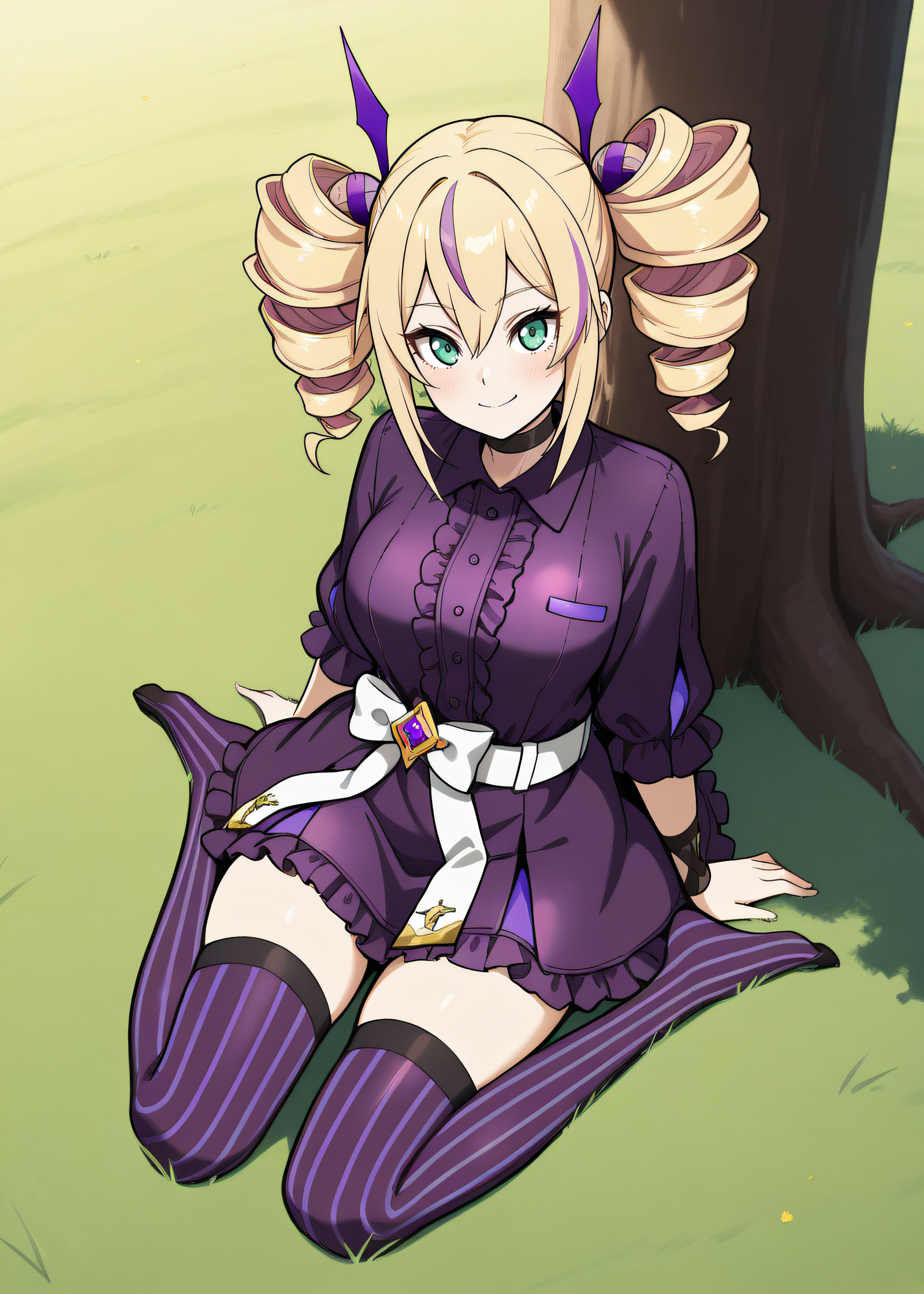 masterpiece, best quality, highres, newest, scenary, 1girl, solo, official style, <lora:IL_Violet_Inboots:1>, violet, streaked hair, twindrills, black choker, white belt, white bow around waist, collared dress, black frilled dress, purple vertical-striped thighhighs, feet, looking at viewer, smile, outdoor, full body, sitting on grass, arms at sides, tree, from above