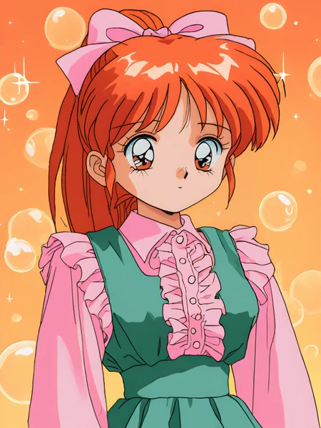 <lora:1990-mahjong-gals:1>1990s (style), 1girl, solo, orange background, shirt, bow, ponytail, sparkle, hair bow, suspenders, retro artstyle, pink bow, long sleeves, long hair, red hair, pink shirt, center frills, green dress, dress, bubble, yellow background, collared shirt, frills, orange hair, upper body, pinafore dress, 1990s (style), Naruâââ