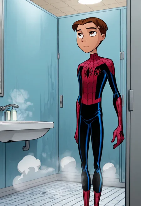masterpiece,best quality, amazing quality, 1boy, fit, slim body, solo, male focus, Peter, Brown Hair, Brown Eyes, Spiderboy, Bodysuit, Red Bodysuit, Blue Bodysuit, bathroom, lockeroom, foggy, steam, daytime, shower,