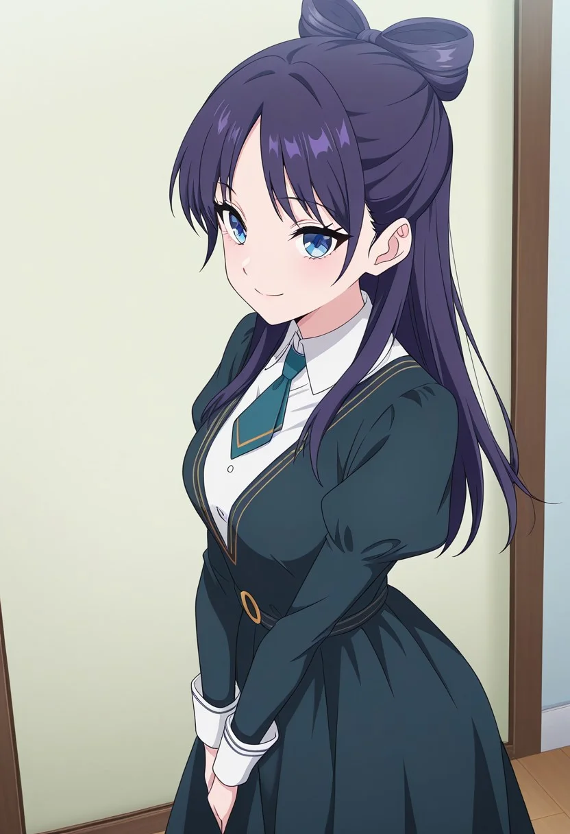 (absurdres, best quality, masterpiece:1.4), amazing quality, highres, newest, detailed, detailed body, detailed face, source anime, anime coloring, beautiful, 
BREAK
WWNemu, 1girl, solo, standing, smile, NemuAniHu, dark purple hair, bow-shaped hair, parted bangs, half updo, blue eyes,  v-neck dress, white inner collared shirt, Short necktie, juliet sleeves, long skirt