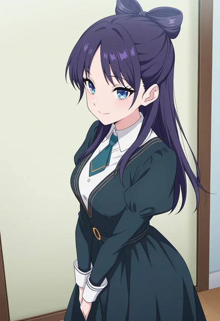(absurdres, best quality, masterpiece:1.4), amazing quality, highres, newest, detailed, detailed body, detailed face, source anime, anime coloring, beautiful,
BREAK
WWNemu, 1girl, solo, standing, smile, NemuAniHu, dark purple hair, bow-shaped hair, parted bangs, half updo, blue eyes, v-neck dress, white inner collared shirt, Short necktie, juliet sleeves, long skirt
