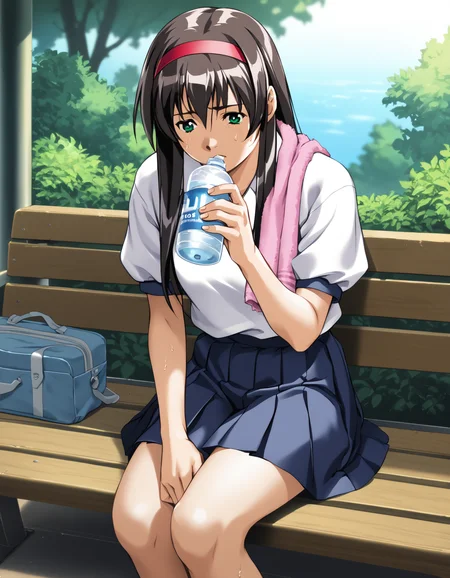 score_9, score_8_up, score_7_up, <lora:kisaku-v2-ponyxl-000010:0.85> himeno, hairband, white shirt, short sleeves, blue skirt, pleated skirt
1girl, solo, bench, sitting, sweat, towel around neck, water bottle, drinking