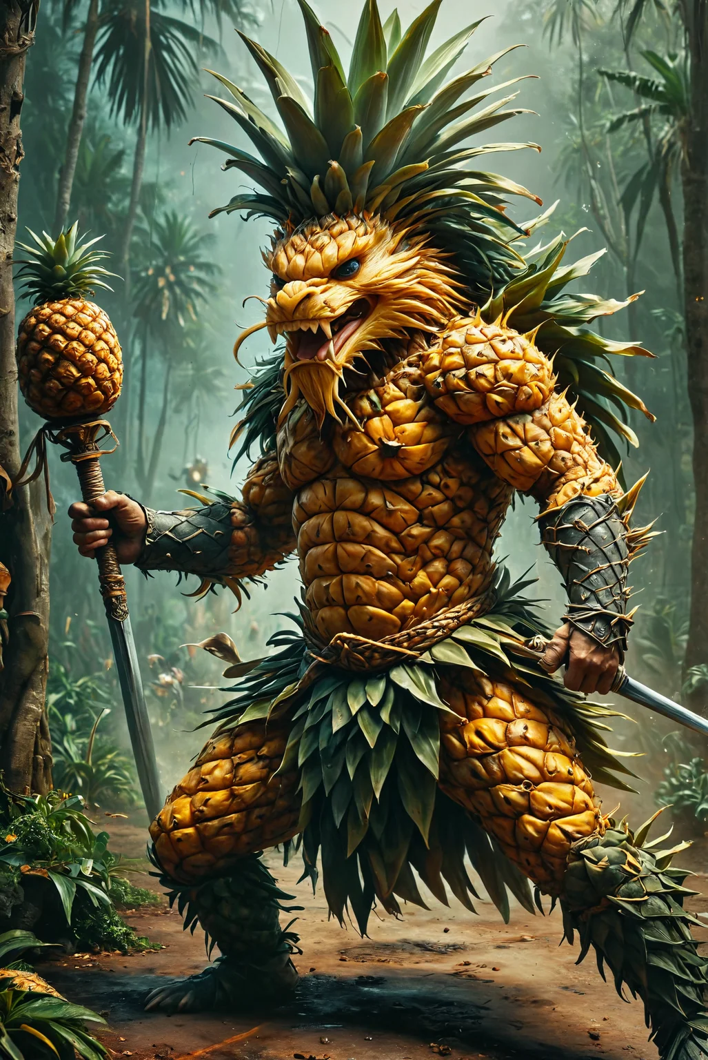 art by Antonio J Manzanedo. dark fantasy scene featuring A medieval warrior fiercely splits a pineapple monstrous creature in two with a powerful swing of his sword. The scene is intense, with the warrior's determined expression and the monster's gruesome halves falling apart.,
photography, Natural geographic photo, Hyper-realistic, 16k resolution, (masterpiece, award winning artwork), many details, extreme detailed, full of details, Wide range of colors, high Dynamic,
<lora:DetailMaximizer:1> <lora:MJ52:0.5> <lora:PineappleMorph-SDXL-V0.1:1>