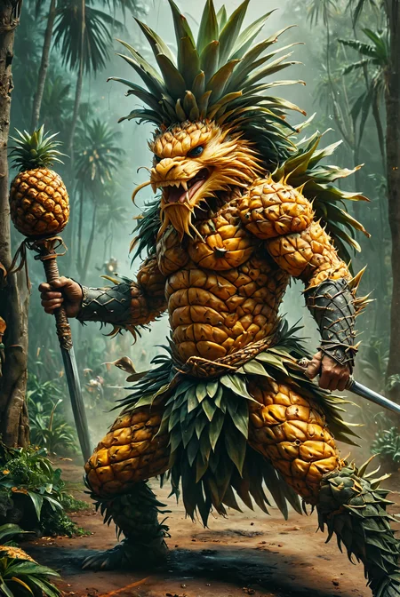 art by Antonio J Manzanedo. dark fantasy scene featuring A medieval warrior fiercely splits a pineapple monstrous creature in two with a powerful swing of his sword. The scene is intense, with the warrior's determined expression and the monster's gruesome halves falling apart.,
photography, Natural geographic photo, Hyper-realistic, 16k resolution, (masterpiece, award winning artwork), many details, extreme detailed, full of details, Wide range of colors, high Dynamic,
<lora:DetailMaximizer:1> <lora:MJ52:0.5> <lora:PineappleMorph-SDXL-V0.1:1>