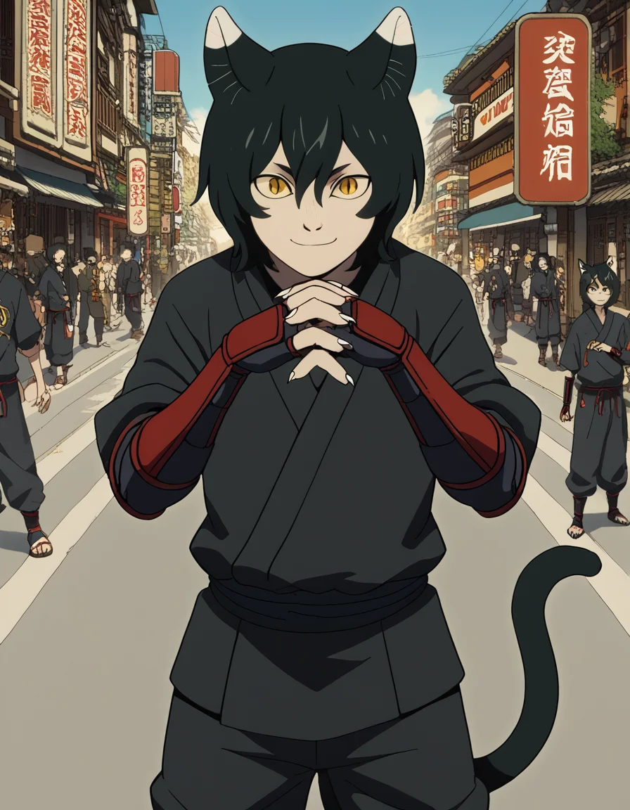 score_9, score_8_up, score_7_up, source_anime, <lora:izutsumi-s1-ponyxl-lora-nochekaiser:1>, izutsumi, black hair, animal ears, tail, yellow eyes, cat ears, cat tail, cat girl, slit pupils,, japanese clothes, gauntlets, ninja, black shirt, black pants,, crosswalk, people, street, white lines, traffic, smile, <lora:gendou-pose-ponyxl-lora-nochekaiser:1>, gendou pose, own hands clasped, own hands together, parody,, looking at viewer, solo,, dutch angle, cowboy shot