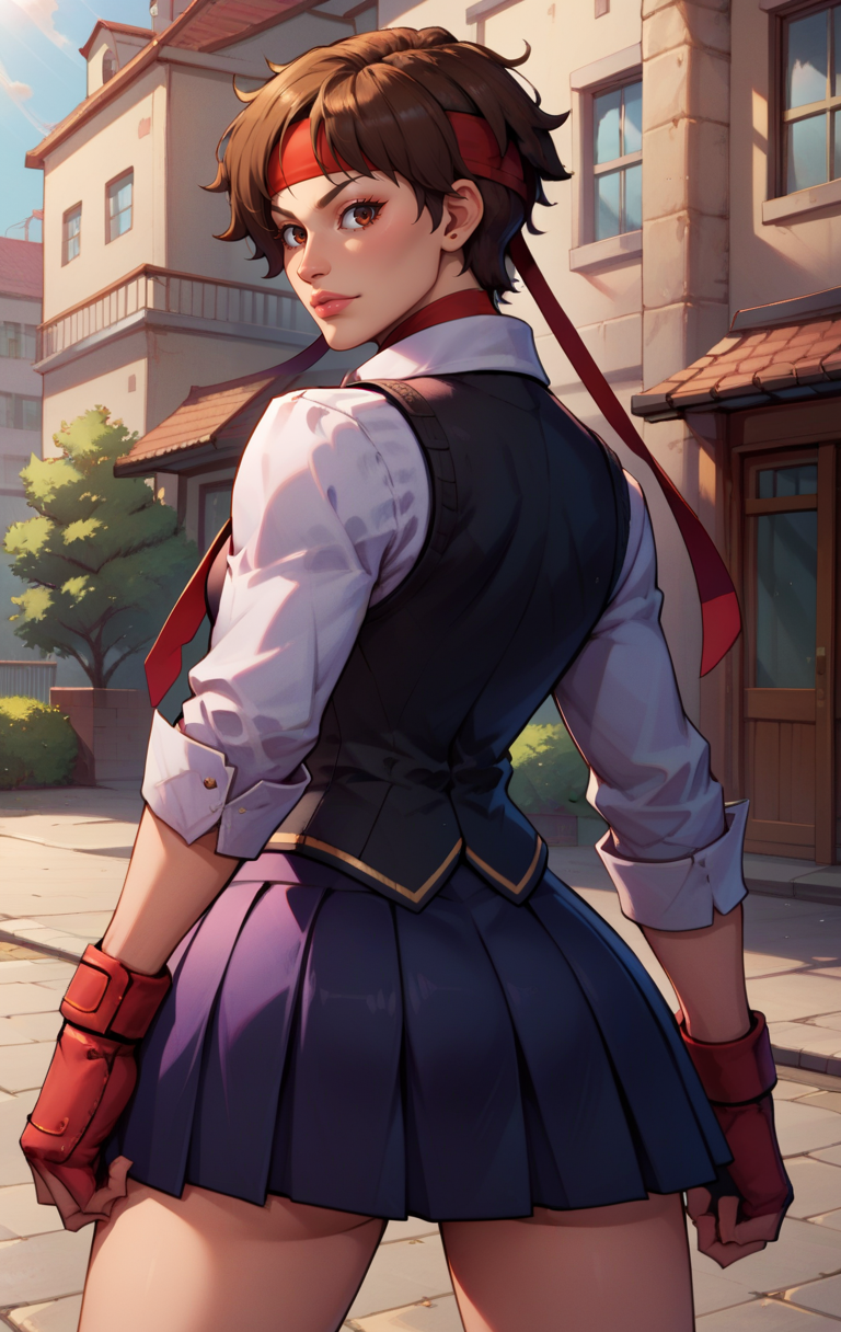 score_9, score_8_up, score_7_up, BREAK,  <lora:Sakura:1> sakurasfvSDXL, 1girl, solo, short hair, black skirt, brown hair, shirt, gloves, brown eyes, school uniform, standing, cowboy shot, necktie, black vest, lips, headband,  kasugano sakura, street background, from behind,