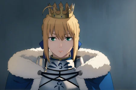 1girl,artoria pendragon (fate),solo,saber,blonde hair,green eyes,armor,ahoge,crown,braid,looking at viewer,blue cape,fur trim,breastplate,sidelocks,cape,ribbon,armored dress,blue ribbon,upper body,bangs,hair bun,closed mouth,hair ribbon,hair between eyes,french braid,short hair,fur-trimmed cape,lips,single hair bun,dress,braided bun,
masterpiece,best quality,amazing quality,very aesthetic,highres,absurdres,<lora:Chainsaw man animation style-NOOB05-lokr>,
