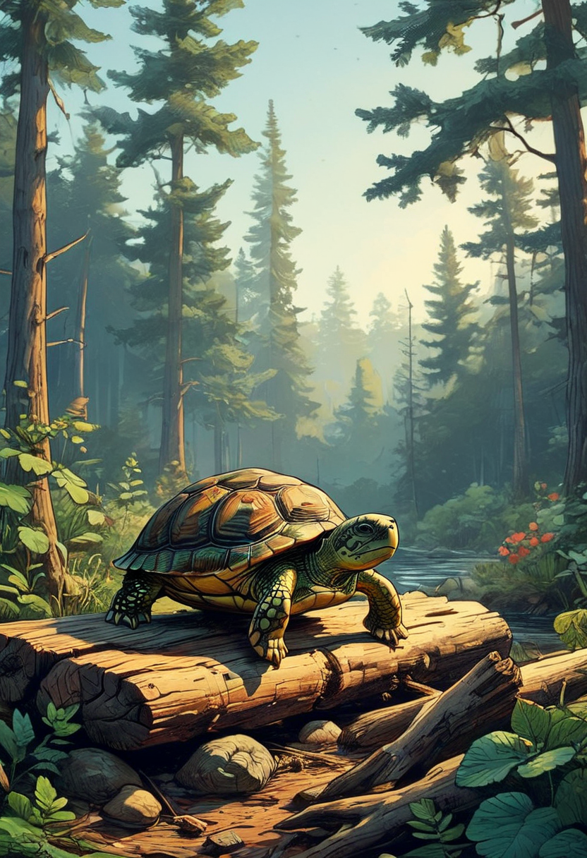 a turtle on a log in a bright morning forest