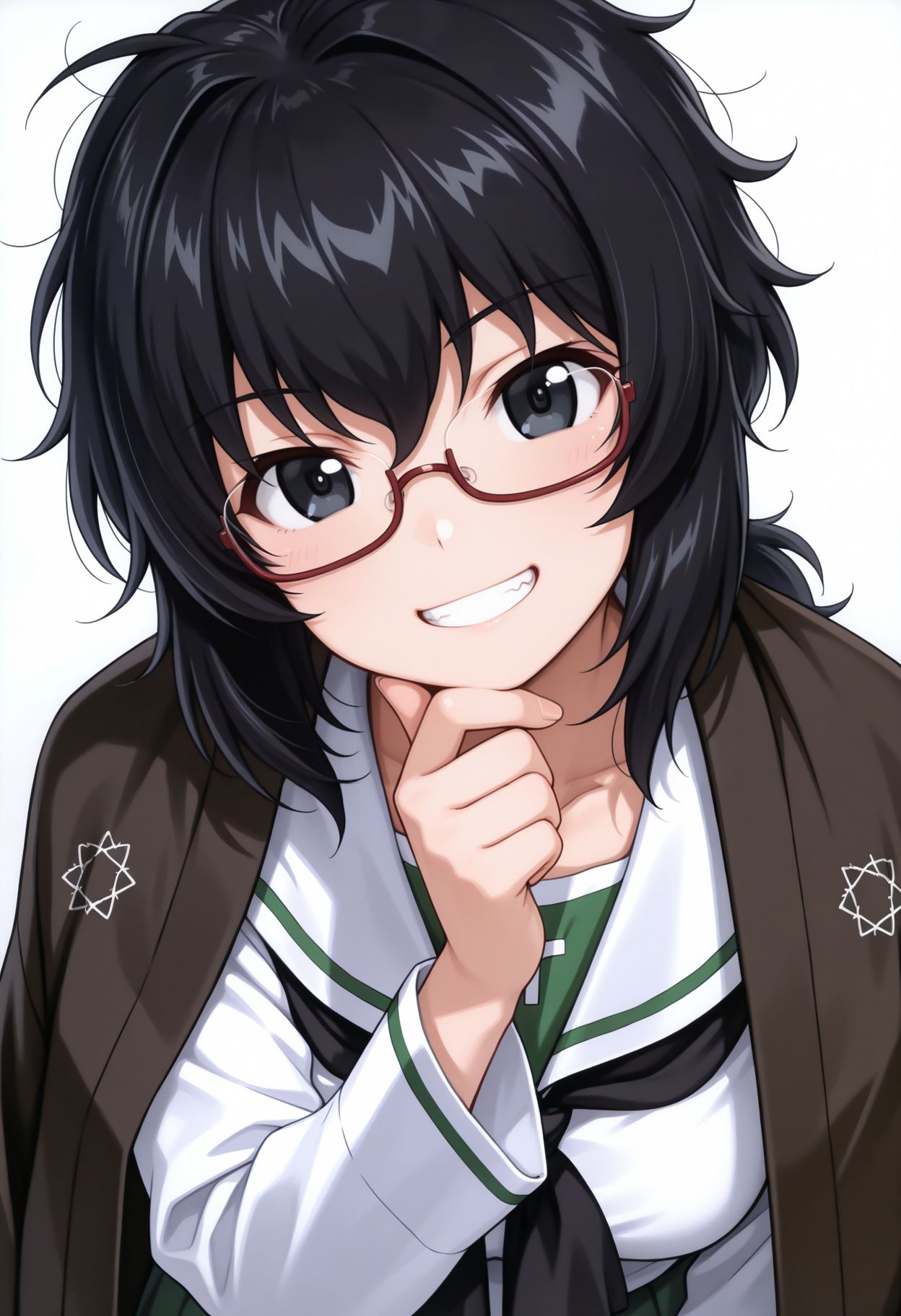 masterpiece,best quality,absurdres,highres,very aesthetic,high quality,detailed,insanely detailed,beautiful,perfect lighting, looking at viewer 
 <lora:Oryou illu:1>1girl, ooarai school uniform, black hair, haori, smile, under-rim eyewear, japanese clothes, white background, glasses, looking at viewer, black neckerchief, simple background, hand on own chin, black eyes, white shirt, green skirt, serafuku, short ponytail, long sleeves, blouse, white sailor collar, standing, messy hair, head tilt, grin, medium hair, jimiko, upper body, pleated skirt