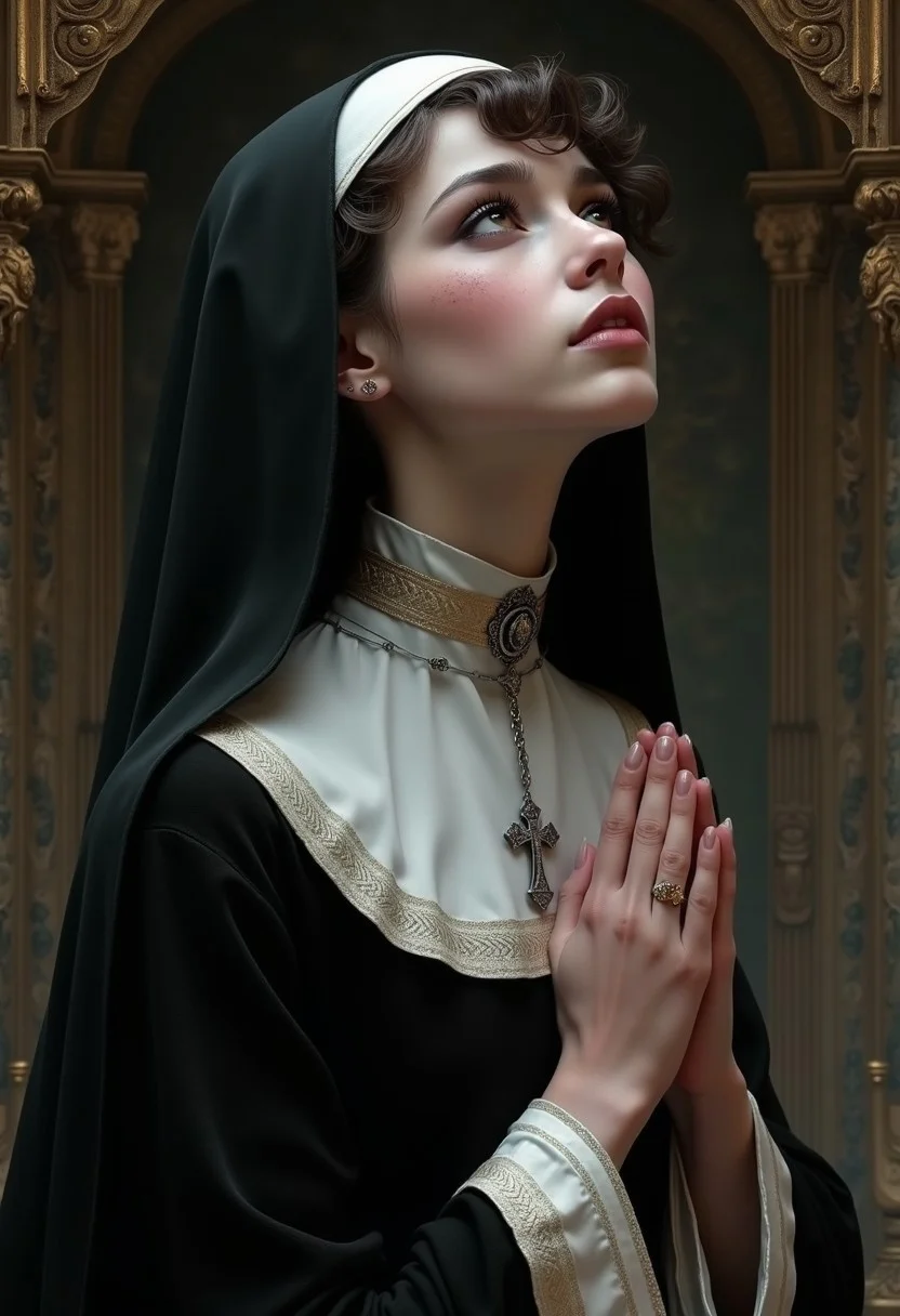 (in Alphonse Mucha style:1.4), (masterpiece:1.2) A goth girl in a nun outfit gazes upward with a serene, almost angelic expression, her lips parted as if in prayer. Her short, edgy hair is styled in soft waves that fall around her face, creating a perfect contrast to her dark attire. She has an innocent glow, her large, dark eyes reflecting a sense of wonder. A subtle smoky eye and a faint blush give her a soft gothic allure, while her delicate silver rosary rests against her chest. (hyperdetailed innocent gaze and soft blush:1.1), (intricate rosary and veil details:1.1), (Refined peaceful atmosphere:1.1), (best quality:1.1), (high resolution:1.2)