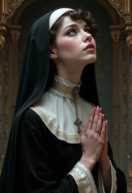 (in Alphonse Mucha style:1.4), (masterpiece:1.2) A goth girl in a nun outfit gazes upward with a serene, almost angelic expression, her lips parted as if in prayer. Her short, edgy hair is styled in soft waves that fall around her face, creating a perfect contrast to her dark attire. She has an innocent glow, her large, dark eyes reflecting a sense of wonder. A subtle smoky eye and a faint blush give her a soft gothic allure, while her delicate silver rosary rests against her chest. (hyperdetailed innocent gaze and soft blush:1.1), (intricate rosary and veil details:1.1), (Refined peaceful atmosphere:1.1), (best quality:1.1), (high resolution:1.2)