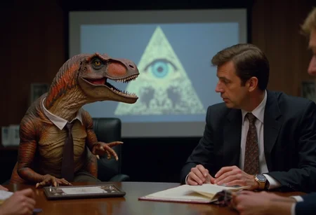 cinematic medium shot of a raptor dinosaur with suit and tie taling to a man with suit and tie in a conference room. An illuminati all seeing eye logo is projected onto a screen in the background using a video projector, photorealistic, sharp focus, very detailed skin texture <lora:dinosaur_practical_fx-000025:1>