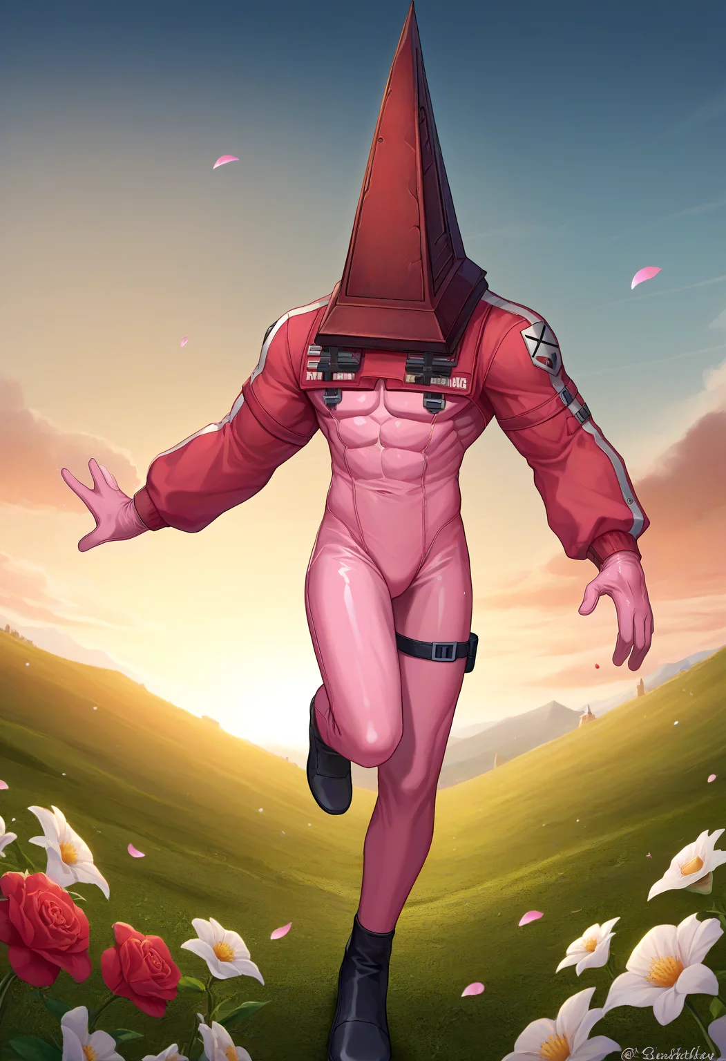 score_9, score_8_up, score_7_up BREAK source_anime, 1boy, man, muscular, <lora:EPalicebodysuit:0.75> EPalicebodysuit, wearing EPalicebodysuit, pink bodysuit, shrug \(clothing\), breast pocket, elbow strap, shoulder strap, multicolored gloves, sleeves past wrists <lora:ChamPyramidHeadPonyXL:1.0> PyramidHead, helmet, PyramidHead, helmet, flowers, petals, god rays, running, jumping, outstretched arms, arms up, fantasy landscape, vibrant