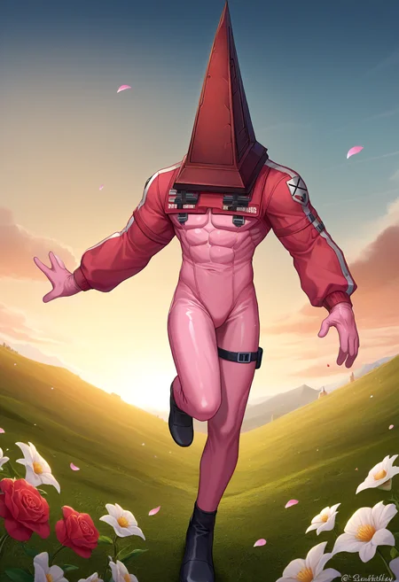 score_9, score_8_up, score_7_up BREAK source_anime, 1boy, man, muscular, <lora:EPalicebodysuit:0.75> EPalicebodysuit, wearing EPalicebodysuit, pink bodysuit, shrug \(clothing\), breast pocket, elbow strap, shoulder strap, multicolored gloves, sleeves past wrists   <lora:ChamPyramidHeadPonyXL:1.0> PyramidHead, helmet, PyramidHead, helmet, flowers, petals, god rays, running, jumping, outstretched arms, arms up, fantasy landscape, vibrant