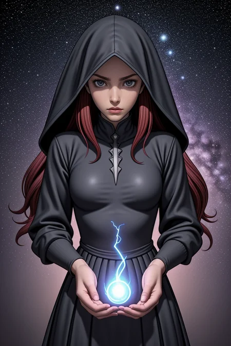 female dullahan, headless humanoid figure, carries head in one hand, neck stump, dark shadowy hooded attire, riding a horse or carriage, whip made from human spine, harbinger of death, malevolent expression mysterious foreboding aura, adolescence, well-proportioned, afro-caribbean, chestnut eyes, gauged ears, unusual jaw, angular cheeks, high forehead, lean torso, , burgundy mermaid waves hair, pride, channeling pose, opening oneself as a vessel for otherworldly entities, wearing wool pleated wide-leg trousers, striped blouse, resonate (flowing,teleportation,liquid,enrapturing,plasma lightning,sculpting clay translation,electric current,tetrahedron,vertical lines,curved lines magic:1.0), holding an ancient artifact, eyes focused on deciphering its power, radiant aura, glowing runes, a space opera battle, with starships engaging in epic combat amidst a backdrop of distant galaxies<lora:LCM_LoRA_Weights_SD15:1>