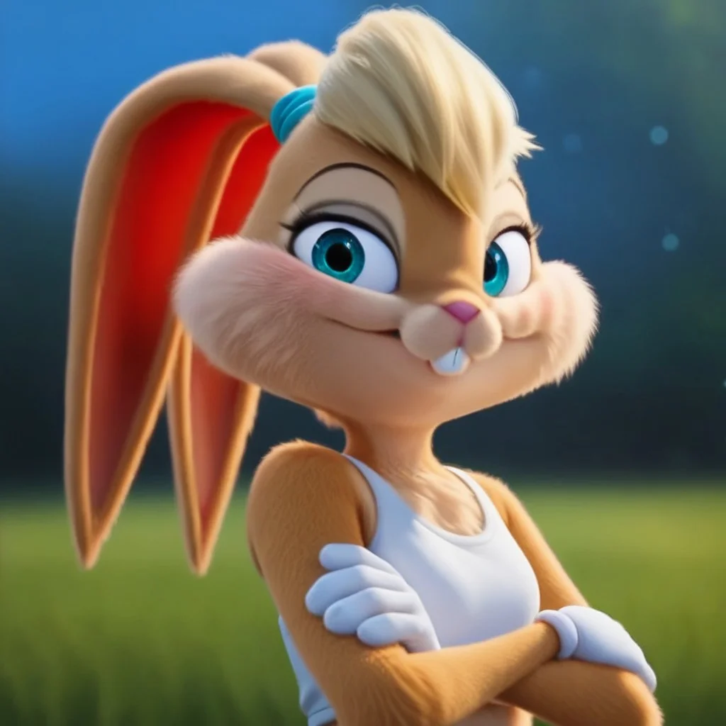 score_9, score_8_up, score_7_up, Expressiveh, masterpiece, best quality, highly detailed, realistic, 1girl, solo, (LBSJ2, furry, anthro, lagomorph, bunny, blonde hair, short hair, ears ties back, aqua eyes, black eyebrows, thin eyebrows, pink nose, orange body, orange fur, tan body, tan fur, two tone body, two tone fur, buckteeth, clothed, white crop top, white shorts), upper body, closed mouth, smile, purple hair tie, looking at viewer, standing, bokeh, arms crossed, white gloves, 4 fingers, grass, blue sky, sunny, detailed background, (purple hair tie)