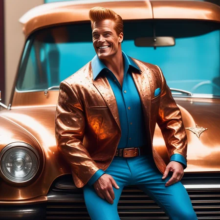 masterpiece, high quality, high resolution, hd, highres, colorful, detailed, (extra detailed:1.1), realistic, (copper body:1.1), 1man, solo, johnnybravo, smiling, confident, raised brow,muscular, flexing, bodybuilder pose, posing, (copper skin:1.3), (copper colored skin:1.2), (copper car:1.2), (copper cadillac car:1.1), (black shirt:1.2), (blue pants:1.1), <lora:JohnnyBravoXL:0.3>, <lora:Dull beaten copper SDXL:0.9>, <lora:add-detail-xl:1>, cinematic, epic shot, dramatic lighting, (zoomed in:1.1), (cowboy shot:1.1), pompadour, tall