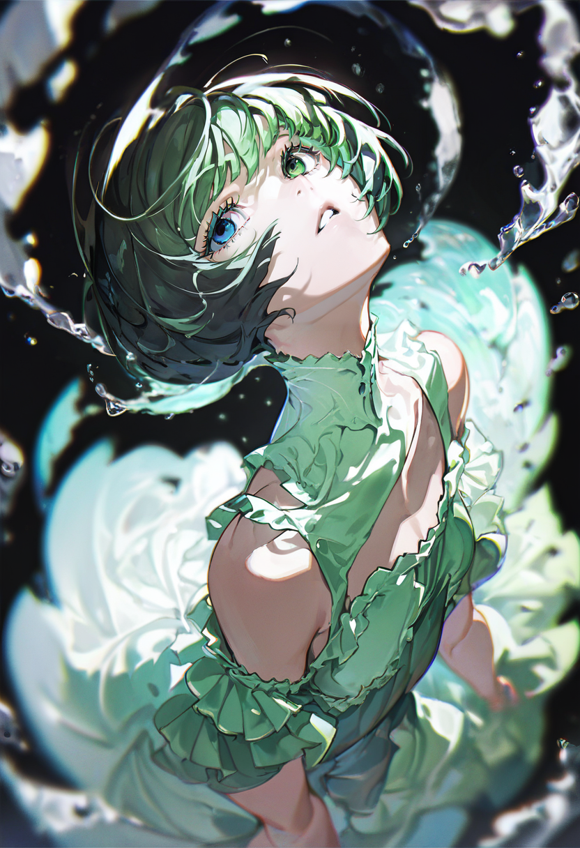 score_9, score_8_up, score_7_up, score_6_up, <lora:yoneyamaiXL_P6_lokr_V53P1:0.95> 1girl, heterochromia, solo, looking up, parted lips, blue eyes, green eyes, short hair, dress, looking at viewer, water, white dress, green hair, black hair, black background, bangs