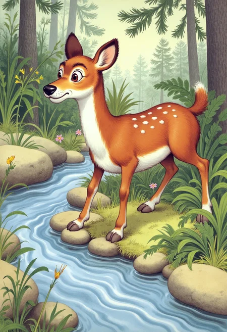 Old book illustration style, colored drawing of a gentle deer standing quietly beside a sparkling forest stream. The deer has soft brown fur with white spots along its back and large, expressive eyes. Surrounding it are lush ferns, wildflowers, and smooth river stones. Sunlight filters through tall pine trees, casting a warm glow on the waterâs surface. The scene is painted with delicate brushstrokes and muted natural tones, creating a peaceful, storybook atmosphere. <lora:oldillustration_V1.1:0.9>