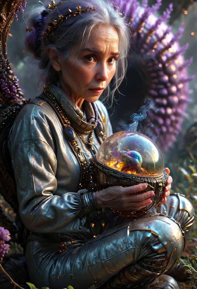 (full body portrait), ((an old woman siting with her back to a space mushroom, in an intricate interstellar spacesuit holding a huge alien crystal ball, glowing, and blowing out many huge smoke rings)), (A giant snail|octopus attacking), intricate, (old:1.7), by Moebius and H. R. Giger and Stefan Martiniere and Tomer Hanuka,  hyper detailed, award winning on artstation.com,(intricate details, masterpiece, best quality:1.4), looking at viewer, dynamic pose, wide angle view, dense fog, Different shades of wisteria and grape, embellished with gold decoration, fractal art, in the style of nicola samori, Intense gaze, Bright... ,Model, expression, anthro, Rainbowiridal palette eyes, Shiny..., Bright..., Intense gaze, Fire dragon eyes, Amber cat eyes, Anthro... woman, Genetically modified..., facial expression