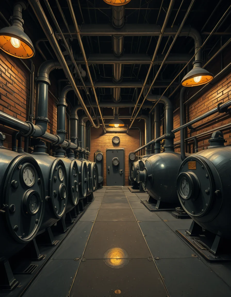 A highly detailed and realistic photograph of an industrial boiler room filled with large metal boilers, complex pipe systems, and pressure gauges. The room is dimly lit with a mix of warm yellow lighting from overhead industrial lamps and cool blue reflections from metallic surfaces. The air is slightly hazy with steam escaping from some of the pipes. The floor is made of reinforced concrete with visible stains from oil and water. Various control panels with blinking LED indicators and warning signs are mounted on the walls. The atmosphere is rugged and mechanical, evoking a sense of power and industrial efficiency. The depth of field is sharp, capturing intricate details such as rust on old pipes, the texture of the metal surfaces, and the labels on the control panels. The composition emphasizes symmetry, with pipes and machinery creating a structured, almost futuristic aesthetic.
<lora:SDXLFaeTastic2400:0.4> <lora:extremely_detailed:0.4> extremely detailed, <lora:industrial_boiler_room-i:1>,industrial b01l3r r00m, Masterpiece,best quality,hi res,8k,hi res,8k,award winning,(sharp focus, intricate, highly detailed),