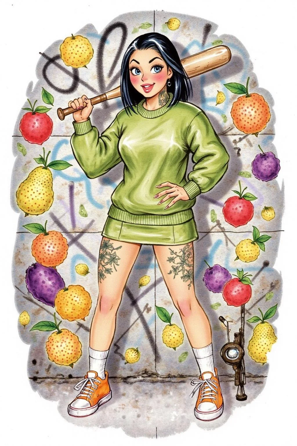 d0sn Illustration. full body, liquid splash, cartoonish juicy fruits chaos, dynamic pose, dynamic camera, a fashion shoot, an illustration of a young woman threateningly holding a baseball bat in her hands, full body tattoo, wearing green short sweater, miniskirt, knee socks, orange sneakers, aggressive facial expression, wall with graffiti in the background <lora:d0sn_illus7_cap_d6a3:1.0><lora:805816799376635545:0>