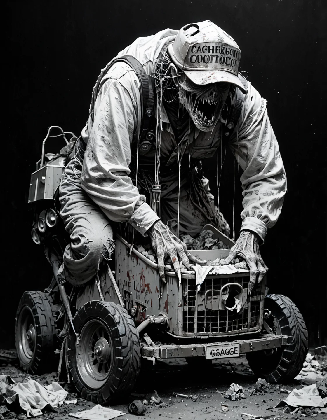 score_9, score_8_up, score_7_up, mm-style, monochrome, black background,(garbage truck), construction yard, horror, dark fantasy, full body, <lora:Monochrome_Monsters_Pony:0.8>