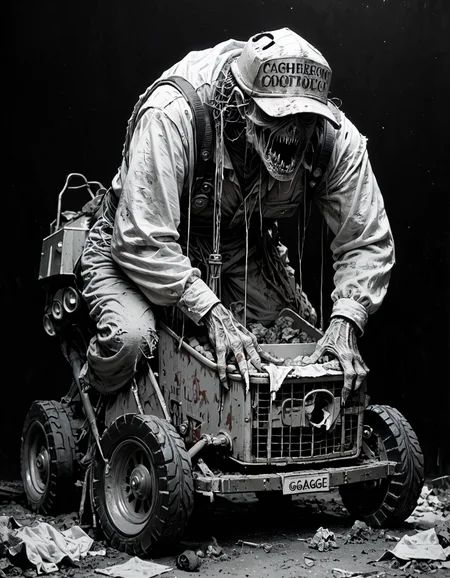 score_9, score_8_up, score_7_up, mm-style, monochrome, black background,(garbage truck), construction yard, horror, dark fantasy, full body, <lora:Monochrome_Monsters_Pony:0.8>