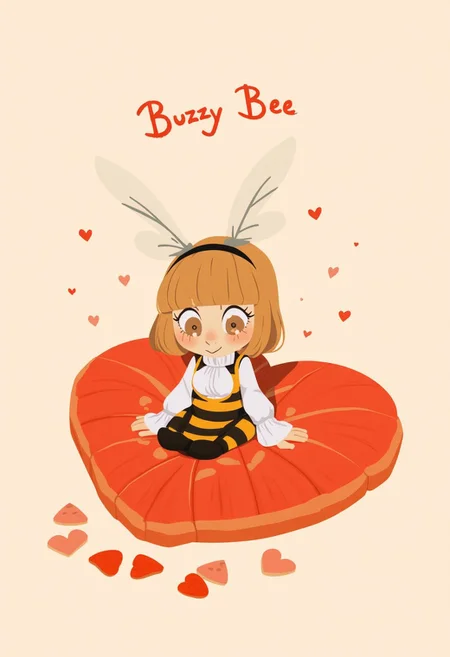 , score_9, score_8_up, score_7_up, score_6_up, Source_cartoon, 1girl, chibi girl, anthro bee girl, sitting on center of of fried hearts, midjourneyv6.1, , view from above, text:"Buzzy Bee" , art by incase