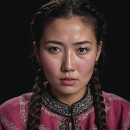 photoshoot, black background. RAW photo, editorial photograph, film stock photograph, cinematic, an eye contact of a Kyrgyz woman, grimace, primer, Intricate, cream eyeliner, stain lipstick, odd numbers, Button nose, Freckles, Dutch braid hair cut, pink skin color, soft focus. 8k, highly detailed, detailed skin texture, natural skin texture, detailed cloth texture, perfect eyes, detailed eyes,, (high quality, best quality:1.3), Extremely high-resolution, amateur photo, Fujifilm Superia Premium 400, Nikon D850 film stock photograph Kodak Portra 400 camera f1.6 lens, 8k, UHD