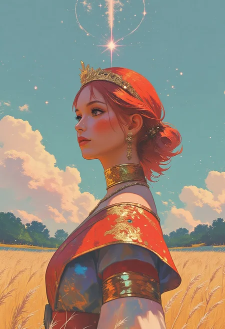 8K, high-quality, highly detailed, Leica M11, 50mm f/1.2 lens, natural bokeh. A close-up photograph of an adult stunningly beautiful princess standing gracefully in a lush field of golden wheat with a green treeline in the distance. She is captured in a side-profile, backview angle, exuding elegance and poise, and accentuates her regal beauty. She wears a rich, deep red traditional dress, adorned with intricate golden embroidery that catches the light in a brilliant, radiant glow. Her makeup is minimal but perfectly applied, enhancing her natural beauty, and highlighting her big brown eyes, and her golden crown shines with intricate detailing, paired with sparkling royal earrings and an ornate necklace. Her bright red hair is long and flowing in the light breeze. Above her, the sky is a brilliant azure blue, shimmering with iridescent silver and lavender lines, creating a mystical, ethereal glow that enhances the serene and majestic atmosphere of the scene. The photograph is sharp and dynamic, with soft lighting and glowing highlights accentuating the princess’s features, capturing every intricate detail in rich, vivid tones. The composition is balanced, with a harmonious, tranquil mood and a touch of ethereal wonder. She weaves and exquisite crown on her head which drips with nuanced regality.
