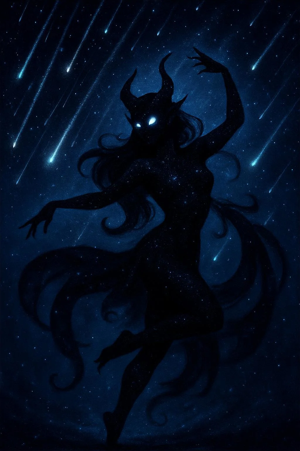 a mysterious starlight demon dancing for the falling stars