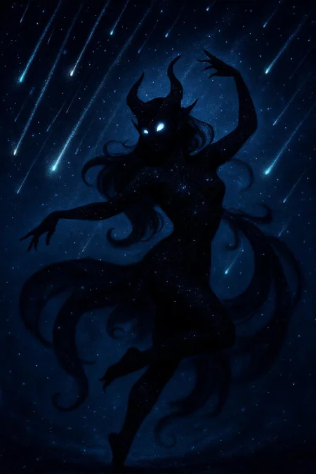 a mysterious starlight demon dancing for the falling stars