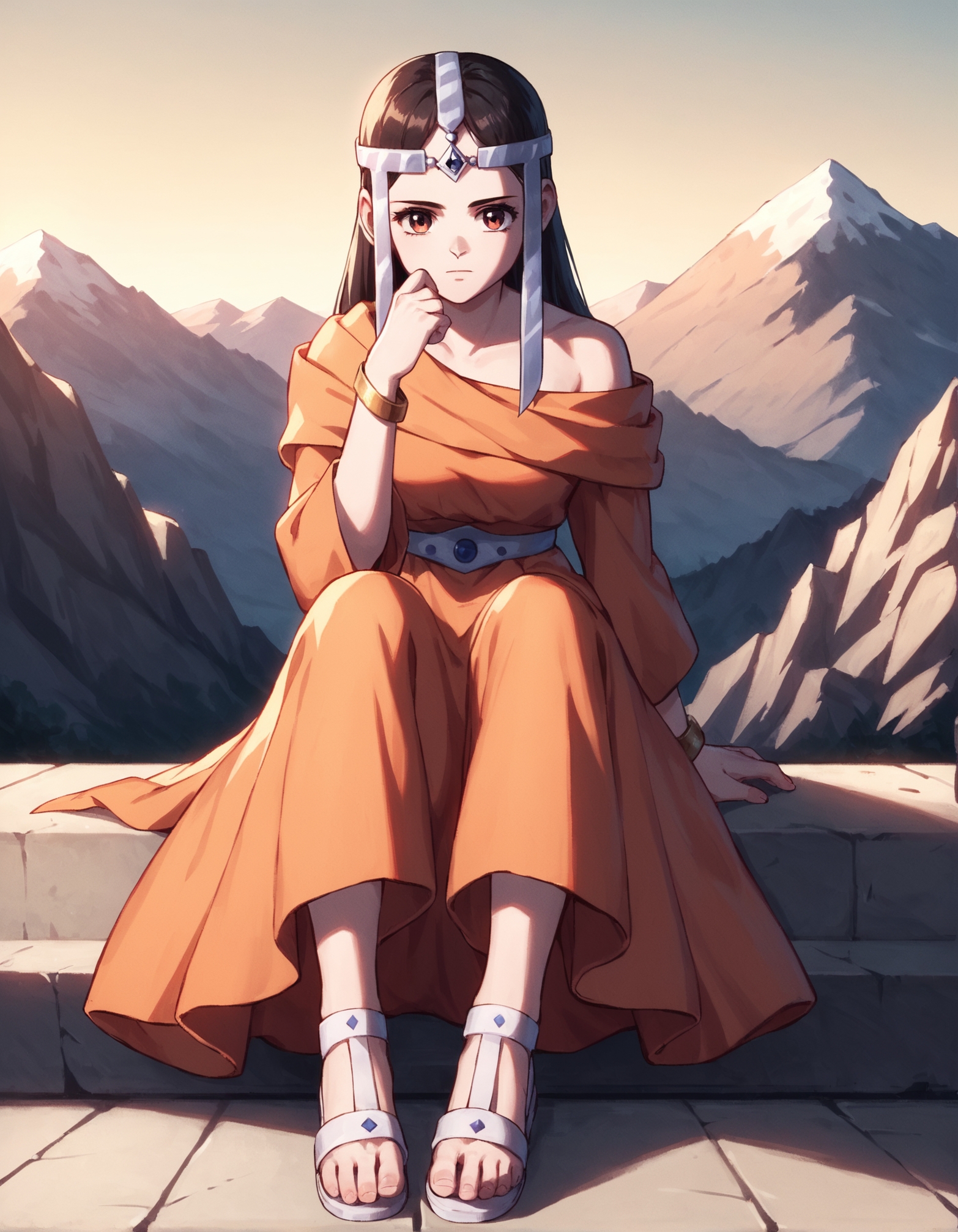 score_9, score_8_up, score_7_up,score_6_up,high resolution,upper body,mrl,1girl,mountains,orange dress,circlet,sandals,volumetric lighting,rim lighting,dof,dramatic shadow,looking at viewer,full body,dynamic pose,looking at viewer,pov,front view,sitting