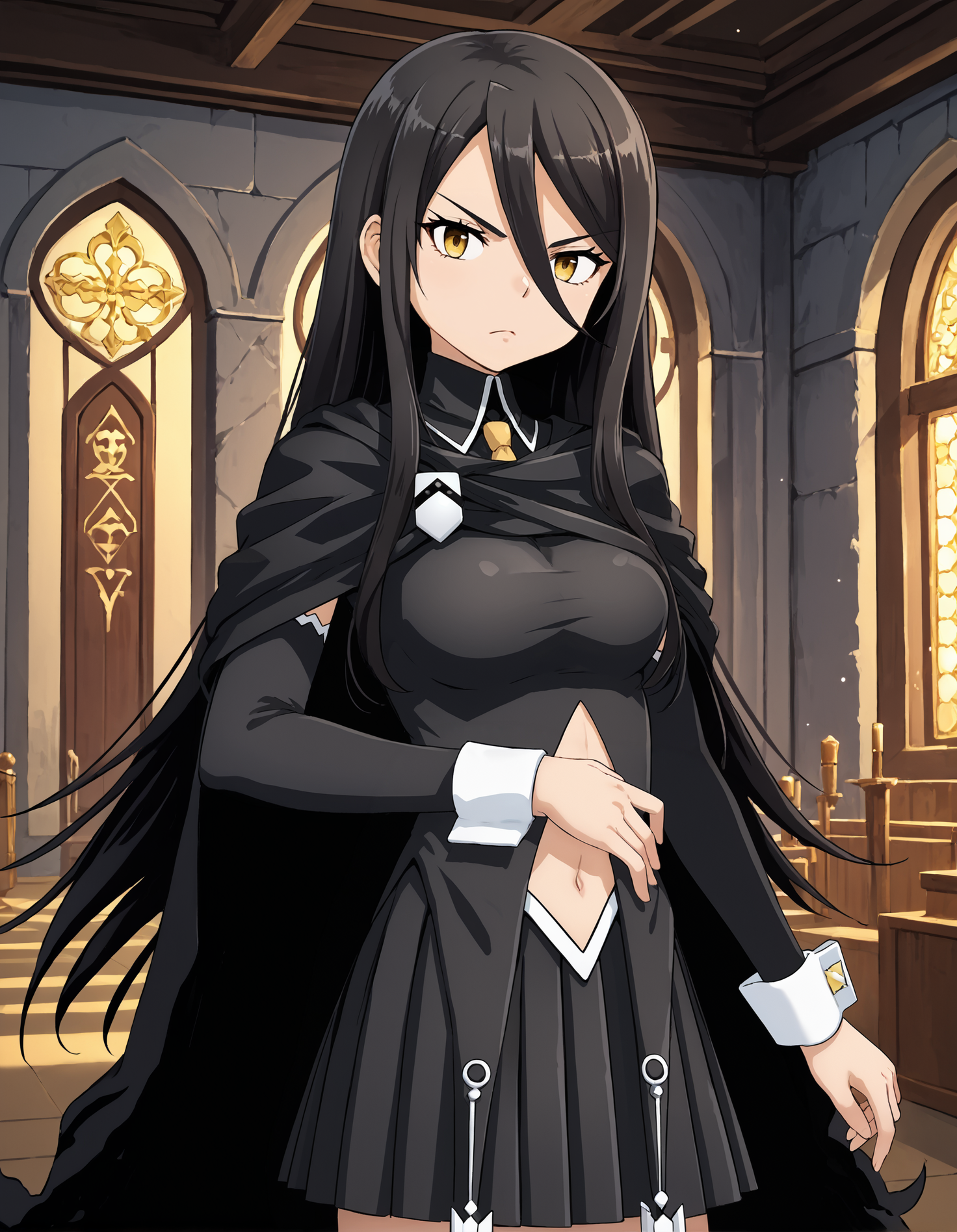 score_9, score_8_up, source_anime, 1girl, upper body, medium shot, detailed, pmmmrizhawkwood, rizmgc, black hair, long hair, yellow eyes, looking at viewer, black tunic, black detached sleeves, black cape, yellow tie, white brooch, white wrist cuffs, black pleated skirt, kunai, serious, hand on hip, indoors, castle, (side view:0.6), <lora:pmmmrizhawkwood_XL:1>