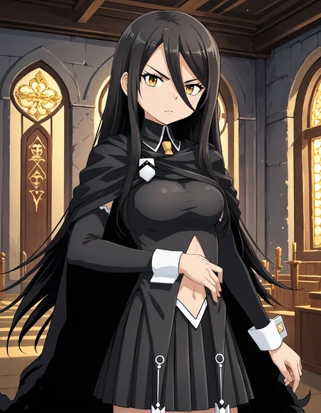 score_9, score_8_up, source_anime, 1girl, upper body, medium shot, detailed, pmmmrizhawkwood, rizmgc, black hair, long hair, yellow eyes, looking at viewer, black tunic, black detached sleeves, black cape, yellow tie, white brooch, white wrist cuffs, black pleated skirt, kunai, serious, hand on hip, indoors, castle, (side view:0.6), <lora:pmmmrizhawkwood_XL:1>
