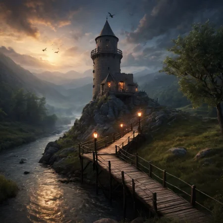 ethereal fantasy concept art of , medieval lighted lookout tower in fantasy style on a hill next to a small river, dark clouds, dense fog, evening atmosphere, ((small ballisade around the tower)), guards with torches, ((flying ravens)),
<lora:add-detail-xl:1.4>, Ultra-HD-details, true to life, HDR image, High detail resolution, high detailed cloth, cinematic lighting, realistic, sharp focus, (very detailed), ((4K HQ)), depth of field, f/1.2, Leica, 8K HDR, High contrast, bokeh, realistic shadows, vignette, epic,, symmetric eyes, same color eyes . magnificent, celestial, ethereal, painterly, epic, majestic, magical, fantasy art, cover art, dreamy