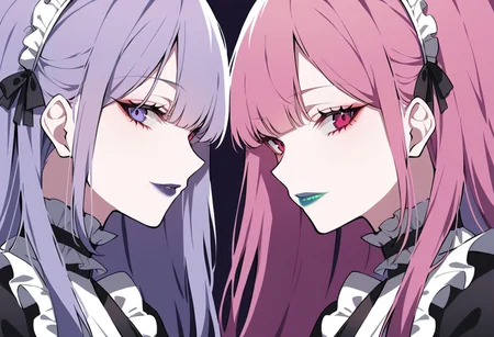 anime, two girls, adult, close up, lipstick, red lipstick, yellow lipstick, green lipstick, blue lipstick, purple lipstick, pink lipstick, black lipstick, long hair, maid outfit