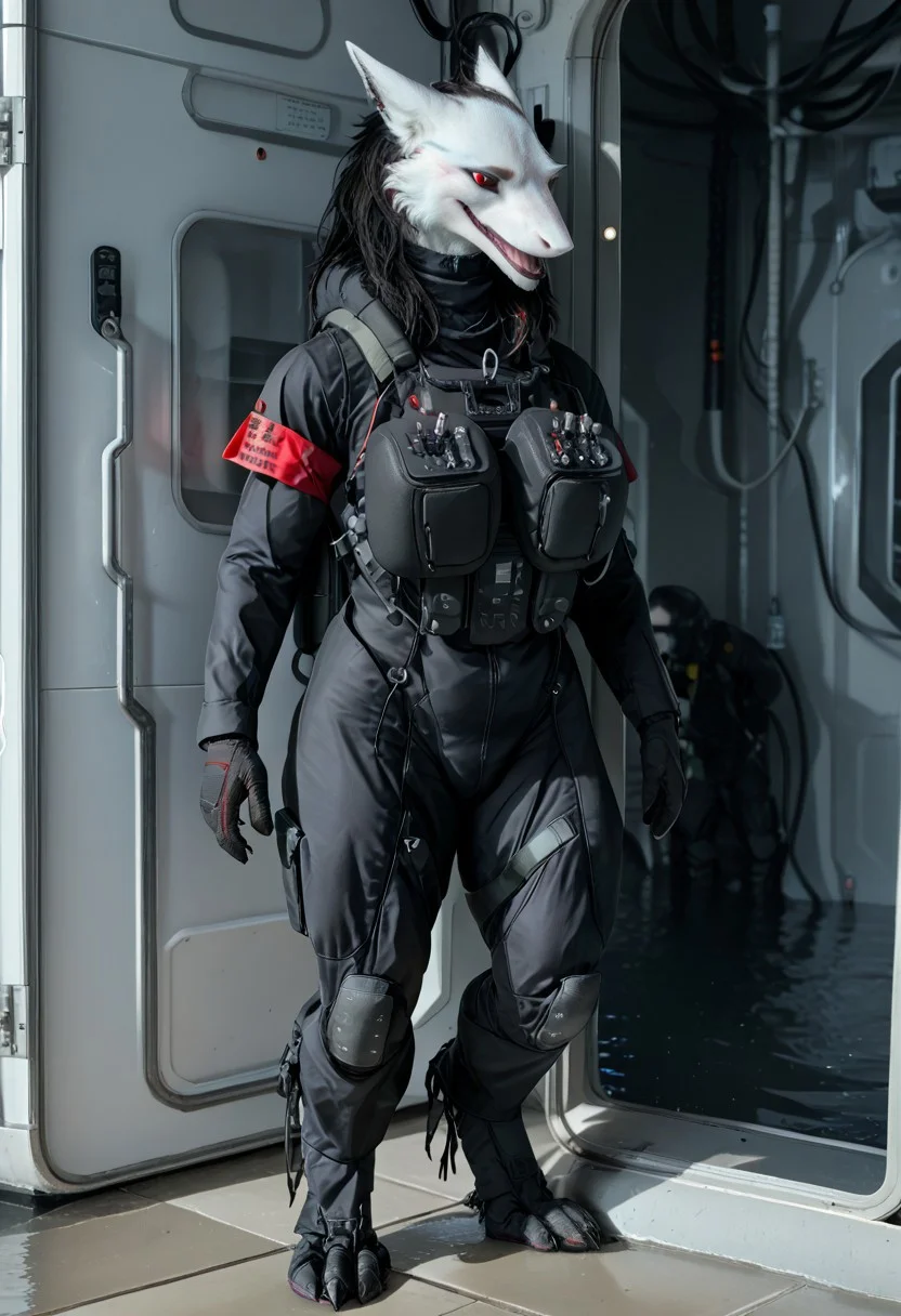 score_9, score_8_up, score_7_up, three quarter view
BREAK, solo, female, sergal, anthro, black sclera, red eyes, sergal head, thick neck, huge breasts, wide hips, Big butt, muscular female:1.1, bulky woman:1.2, voluptuous, digitigrade legs,
BREAK, wetsuit, skin tight wetsuit, black wetsuit, tactical vest, armor, ballistic armor, full body, heavy armor, red armband, (((Industrial_Futurism)))