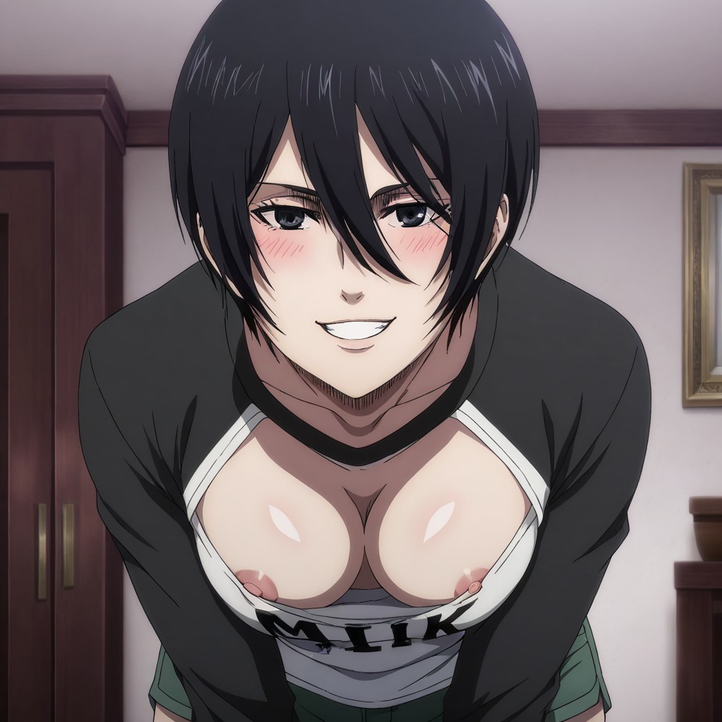 masterpiece, best quality, amazing quality, mikasa ackerman, black hair, black eyes, short hair, hair between eyes, medium breasts, anime screencap, <lora:mega-milk-illustriousxl-lora-nochekaiser:1>, mega milk, breasts squeezed together, clothes writing, grabbing, grin, leaning forward, looking at viewer, meme attire, parody, raglan sleeves, shorts, smile, solo, blush, teeth, bent over, english text(mikasa milk written on shirt), (nipple slip:1.3),