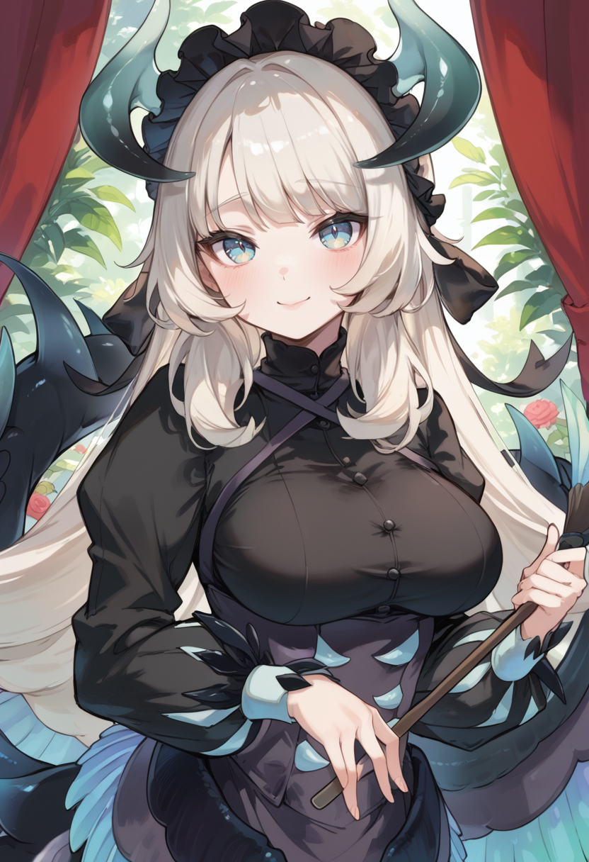 (score_9:0.9),score_8_up,score_7_up,rating_safe,anime style,(zPDXL),<lora:Chamber dragonmaid ponyXL v1:0.76>,chamber dragonmaid,1girl,solo,smile,curtains,low dragon wings,black mob cap,upper body,large breasts,blush,duster,holding duster,looking at viewer,black maid dress,closed mouth,