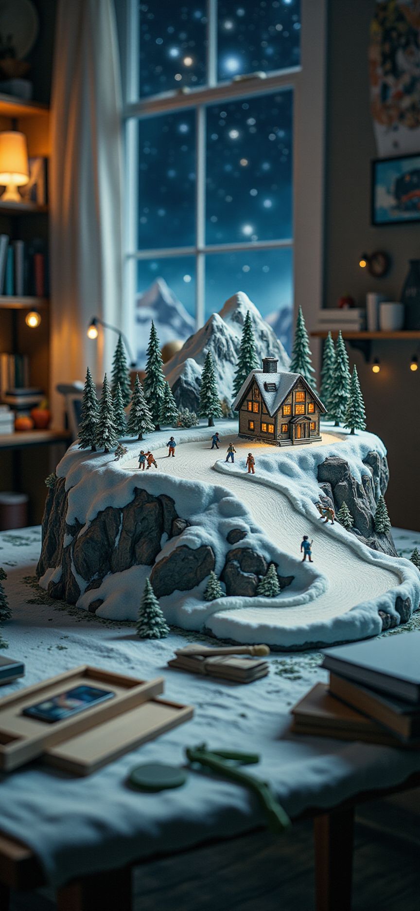 (indoor,very wide isometric view,tilt-shift lens:1.6), (windowless,fna_style,miniature,miniature,diorama,miniature,diorama,PVC,plastic:2),starry night snow,forest,slope with mountain,ski,snowboard  at (floating island,levitating  island:1.5) on (table:2) at (attic:2.5)   <lora:Diorama_Flux:1>
<lora:Fantasy_Novel_Art_Style:1>