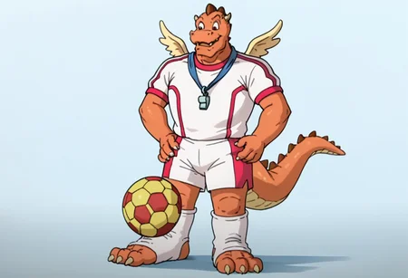 Score_9, score_9_up, solo, 1boy, furry, dragon, orange scales, tail, wings, brown spikes, fangs, small horns, white soccer shirt, white shorts, whistle, feet cuffs, big feet, standing, football field