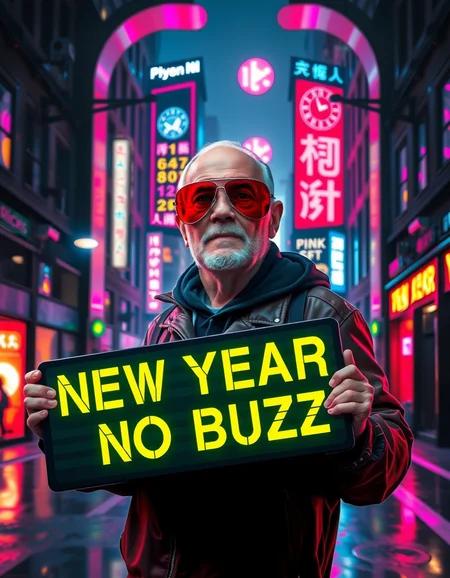 A cyberpunk photo of old man with thick aviator sunglasses in a futuristic cyberpunk neon cityscape. He is holding a sign with BOLD letters that says "New Year, No Buzz" in bright neon letters contrasting against the dark colors of the sign. The bright lights contrast the dark dingey parts of the cyberpunk cityâââ