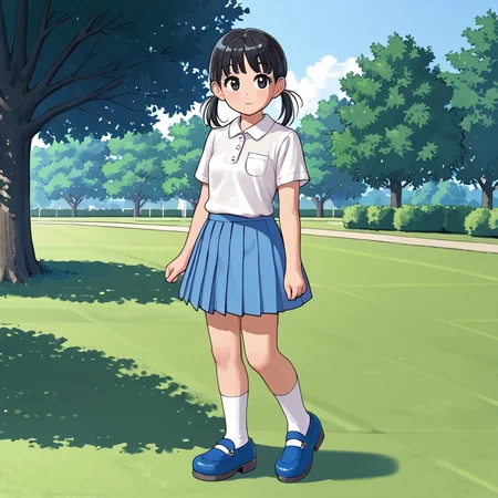 outdoors, park, <lora:MagaliV2:1> MagaliTDM, 1girl, solo, shirt, short sleeves, shoes, socks, white socks, mary janes, blue footwear, white shirt, pleated skirt, blue skirt, blue footwear, black hair, three strands of hair that seem to resemble pigtails, black eyes, short,